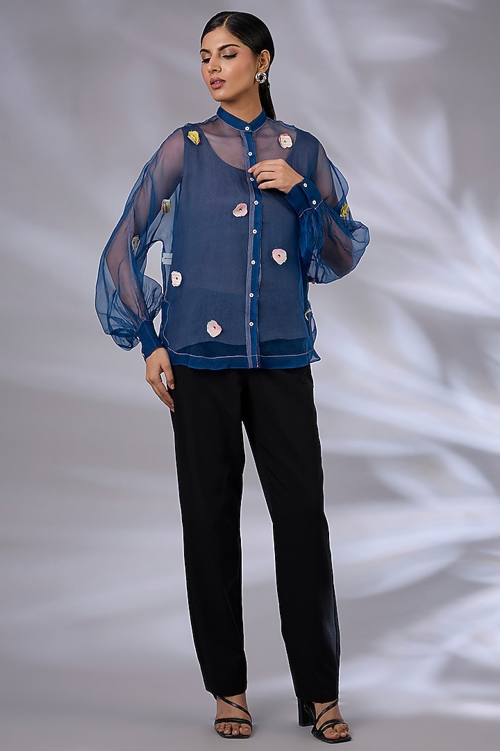 Electric Blue Organza Floral Applique Shirt by GRAINE at Pernia's Pop Up Shop