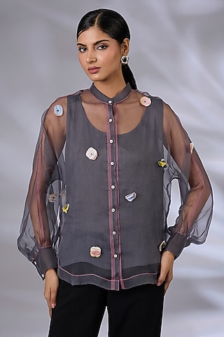 Flint Grey Organza Floral Applique Shirt by GRAINE