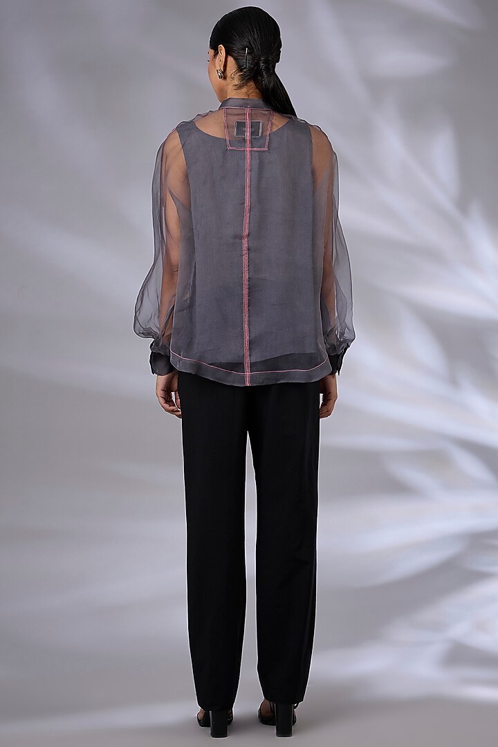 Flint Grey Organza Floral Applique Shirt by GRAINE at Pernia's Pop Up Shop