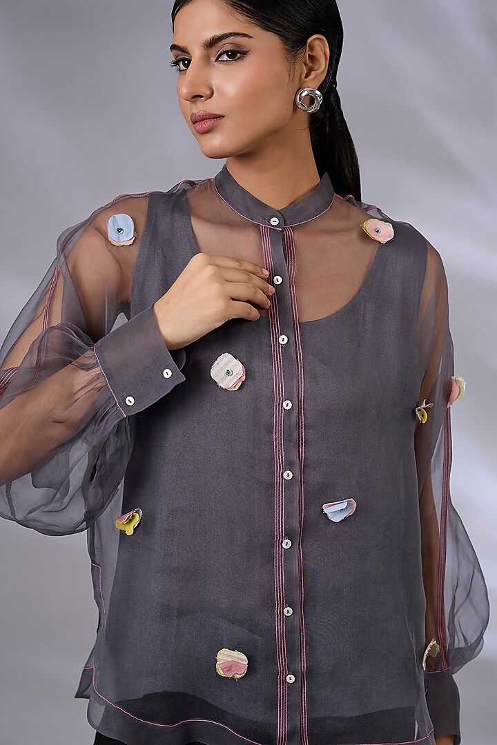 Flint Grey Organza Floral Applique Shirt by GRAINE at Pernia's Pop Up Shop