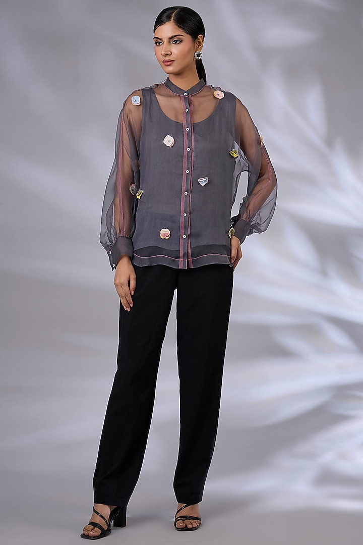 Flint Grey Organza Floral Applique Shirt by GRAINE at Pernia's Pop Up Shop