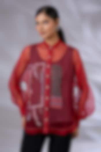 Berry Red Silk Organza Embellished Shirt by GRAINE at Pernia's Pop Up Shop