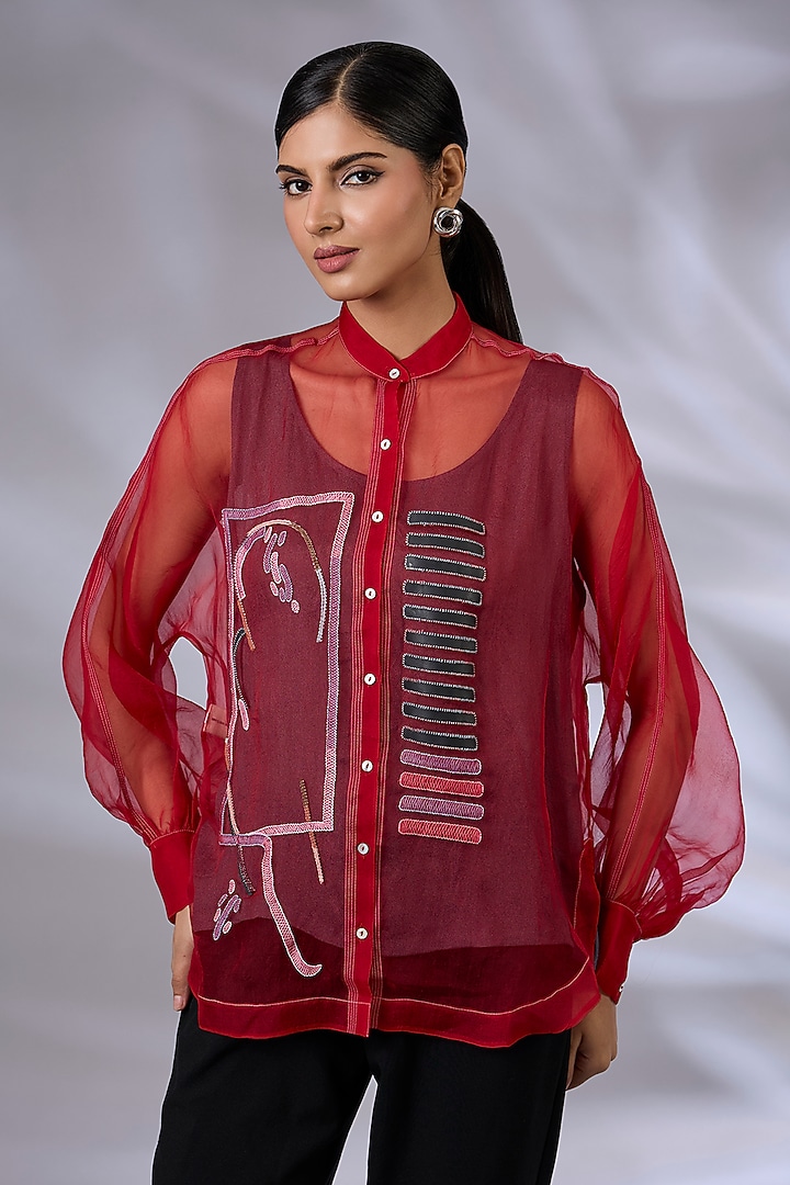 Berry Red Silk Organza Embellished Shirt by GRAINE at Pernia's Pop Up Shop