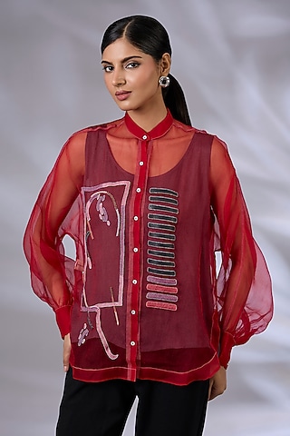 Berry Red Silk Organza Embellished Shirt by GRAINE