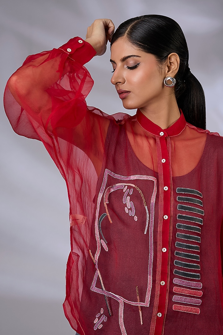 Berry Red Silk Organza Embellished Shirt by GRAINE at Pernia's Pop Up Shop