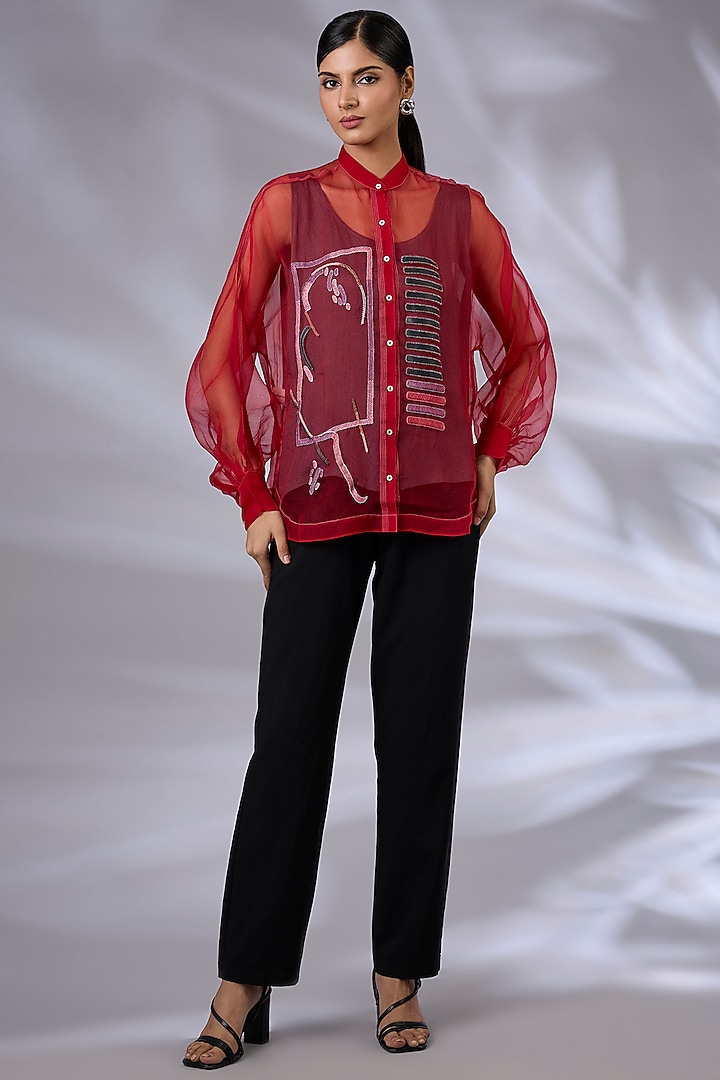 Berry Red Silk Organza Embellished Shirt by GRAINE at Pernia's Pop Up Shop