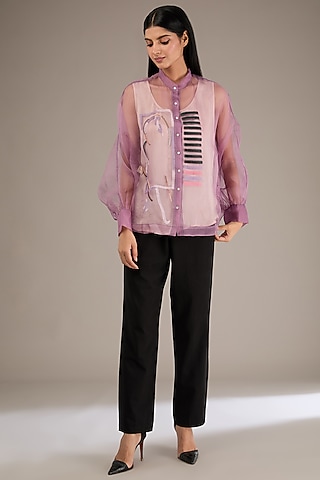 Purple Silk Organza Patchwork Embroidered Shirt by GRAINE