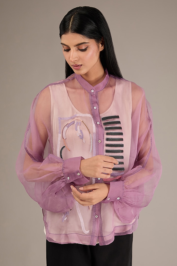 Purple Silk Organza Patchwork Embroidered Shirt by GRAINE at Pernia's Pop Up Shop