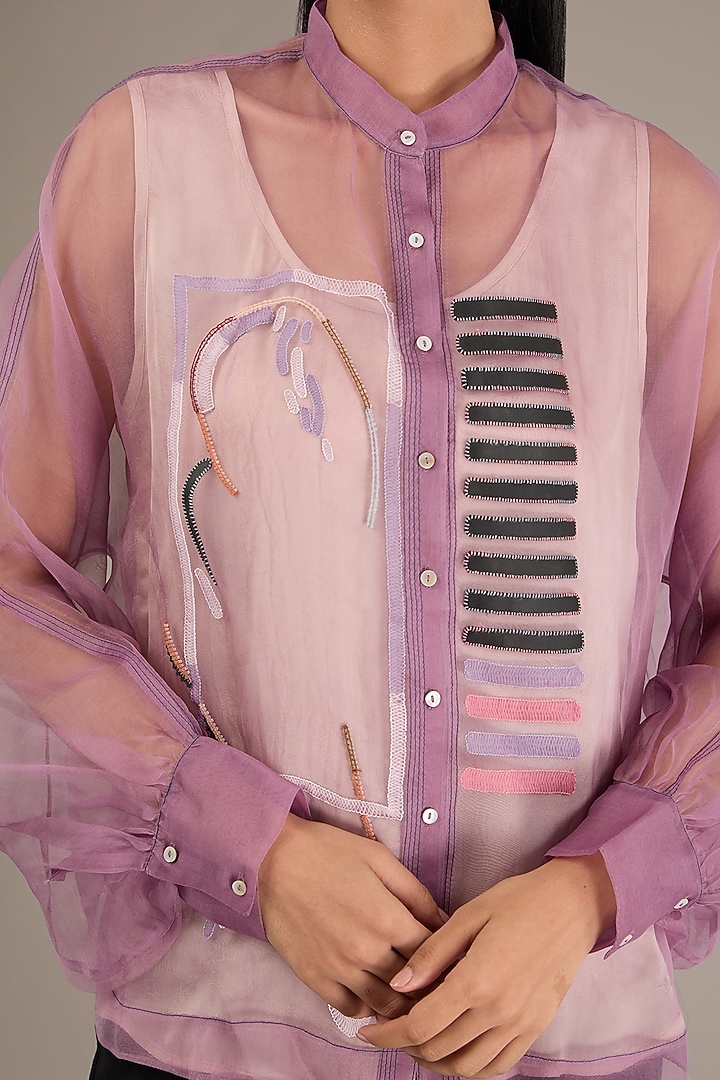 Purple Silk Organza Patchwork Embroidered Shirt by GRAINE at Pernia's Pop Up Shop