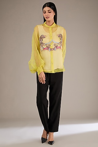 Lime Silk Organza Thread Artwork Shirt by GRAINE