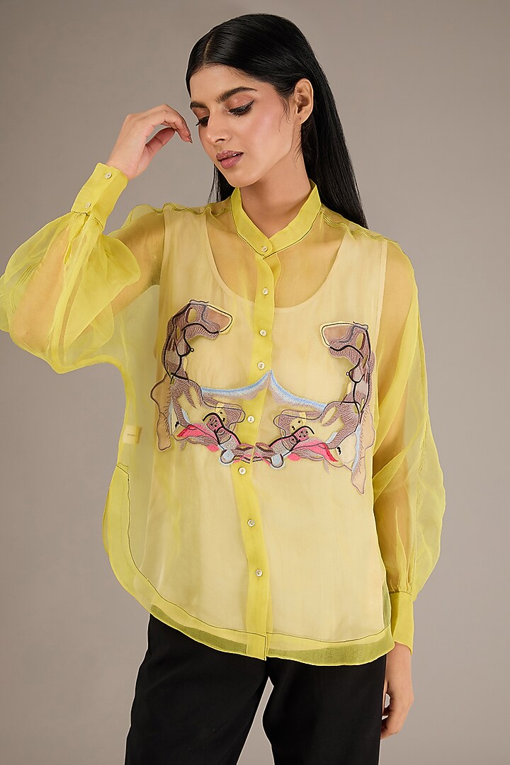 Lime Silk Organza Thread Artwork Shirt by GRAINE at Pernia's Pop Up Shop