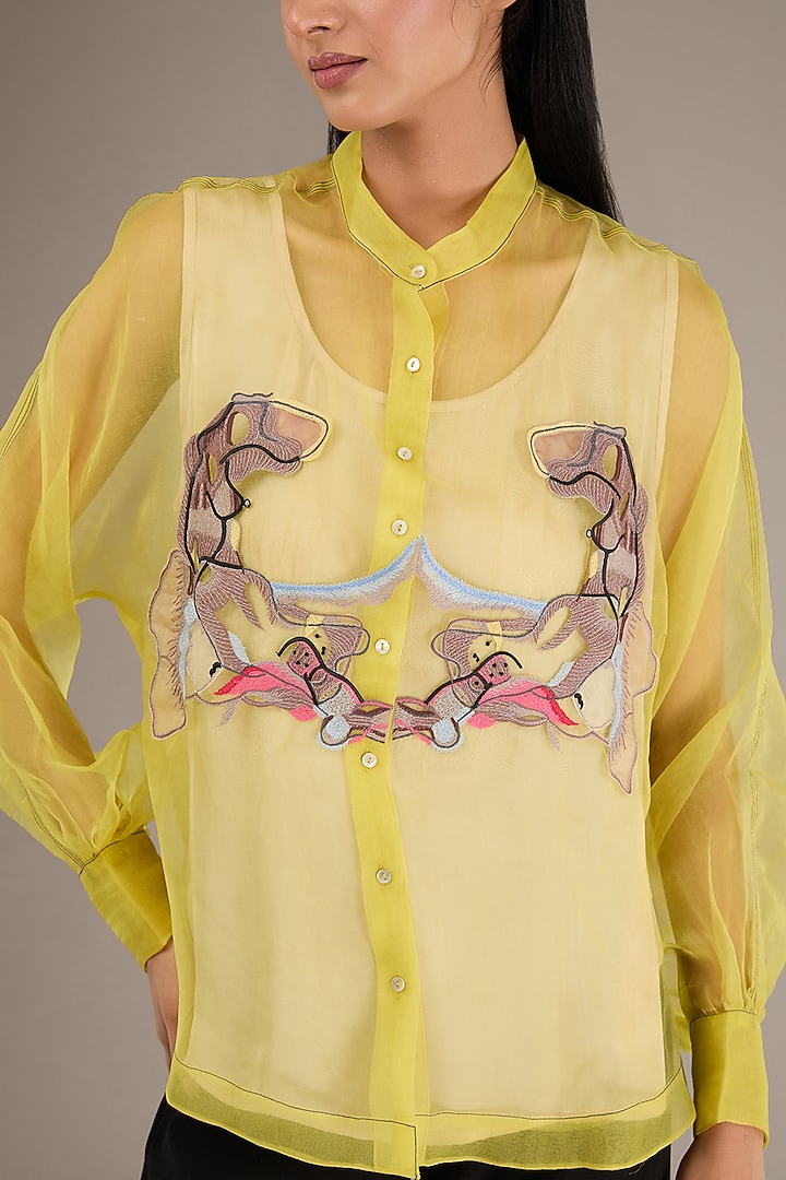 Lime Silk Organza Thread Artwork Shirt by GRAINE at Pernia's Pop Up Shop