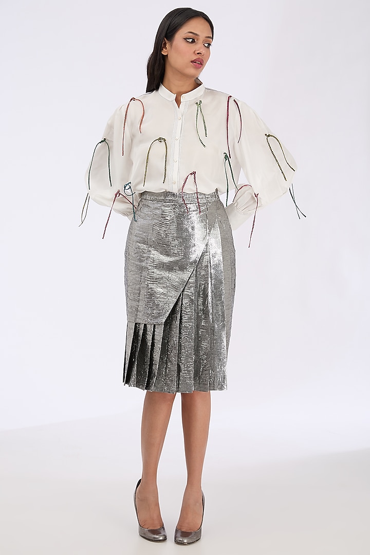 Metallic Silver Coin Fabric Pleated Skirt by GRAINE at Pernia's Pop Up Shop