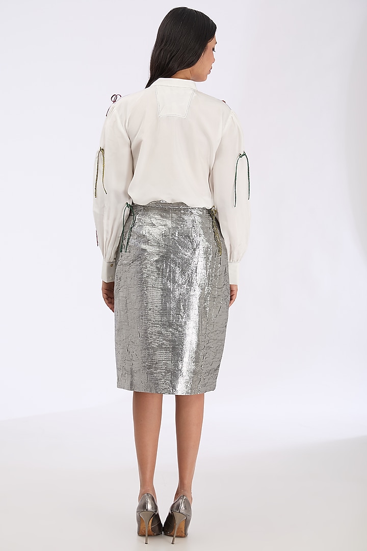 Metallic Silver Coin Fabric Pleated Skirt by GRAINE at Pernia's Pop Up Shop