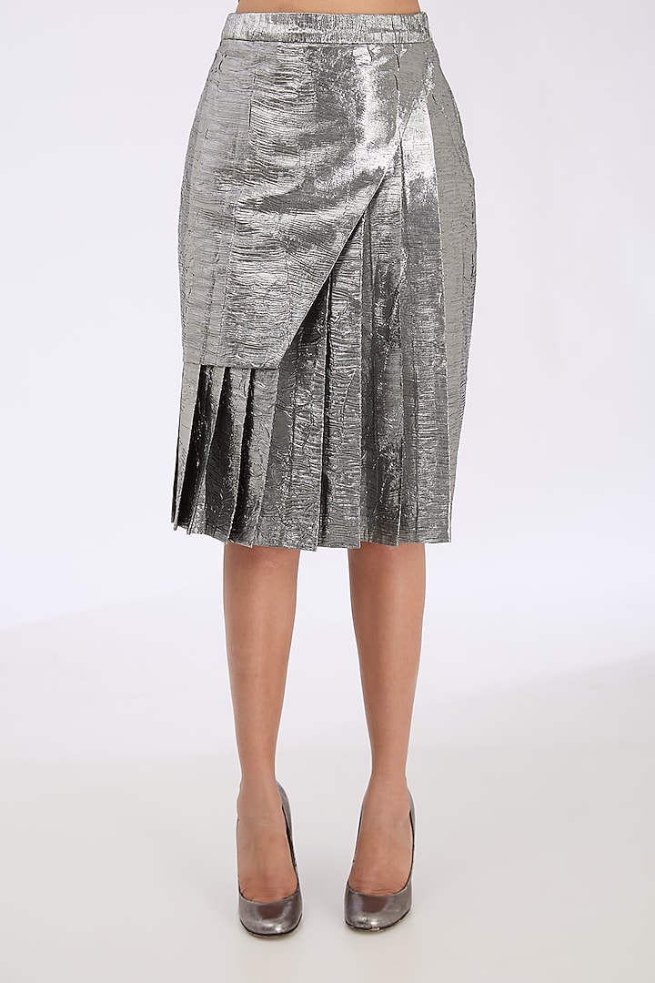 Metallic Silver Coin Fabric Pleated Skirt by GRAINE at Pernia's Pop Up Shop