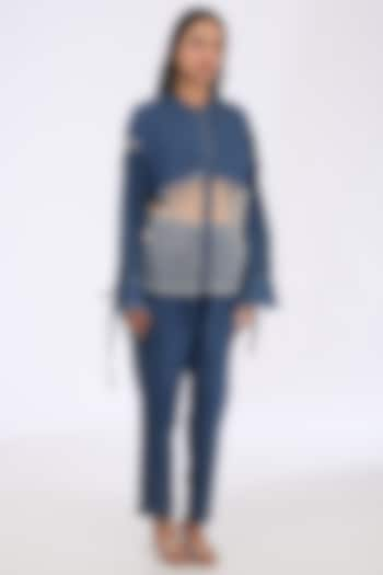 Blue Denim & Silk Organza Bomber Jacket Set by GRAINE at Pernia's Pop Up Shop