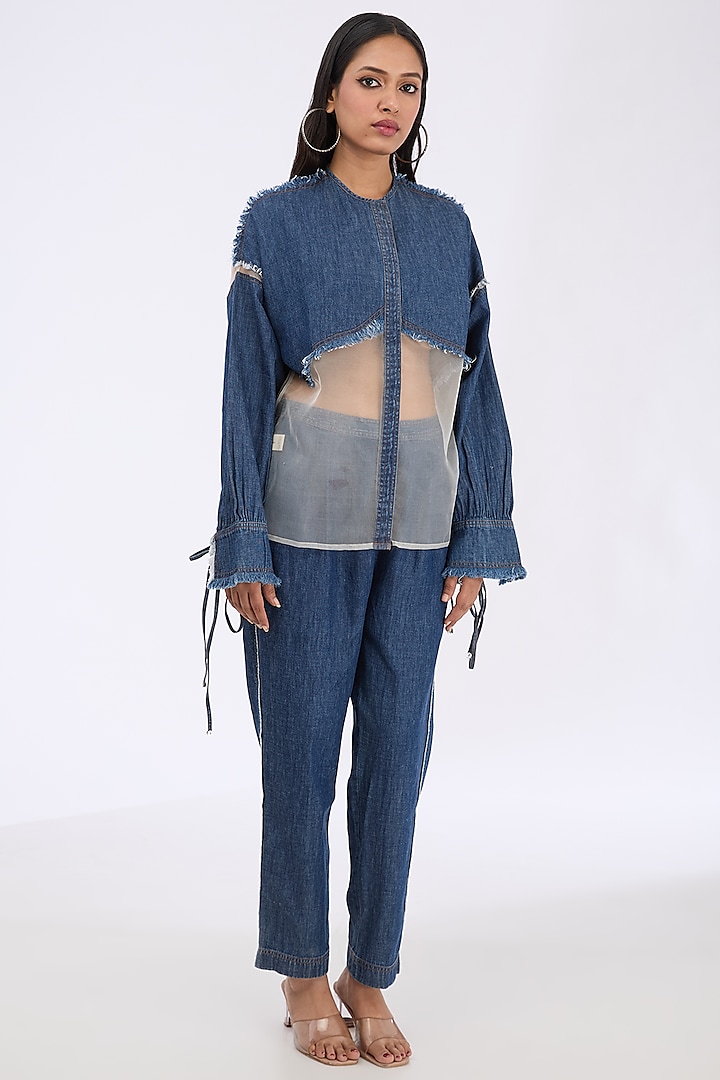 Blue Denim & Silk Organza Bomber Jacket Set by GRAINE at Pernia's Pop Up Shop