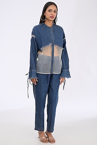 Blue Denim & Silk Organza Bomber Jacket Set by GRAINE
