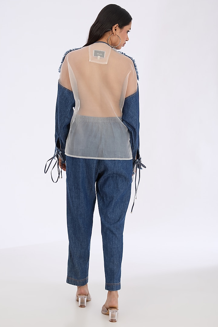 Blue Denim & Silk Organza Bomber Jacket Set by GRAINE at Pernia's Pop Up Shop