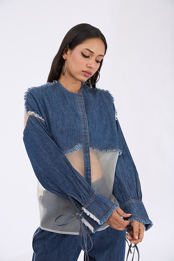 Blue Denim & Silk Organza Bomber Jacket Set by GRAINE at Pernia's Pop Up Shop