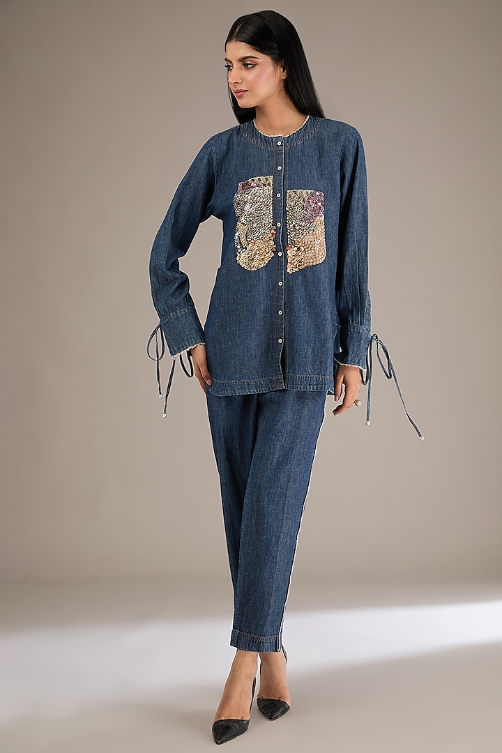 Blue Denim Embroidered Co-Ord Set by GRAINE at Pernia's Pop Up Shop