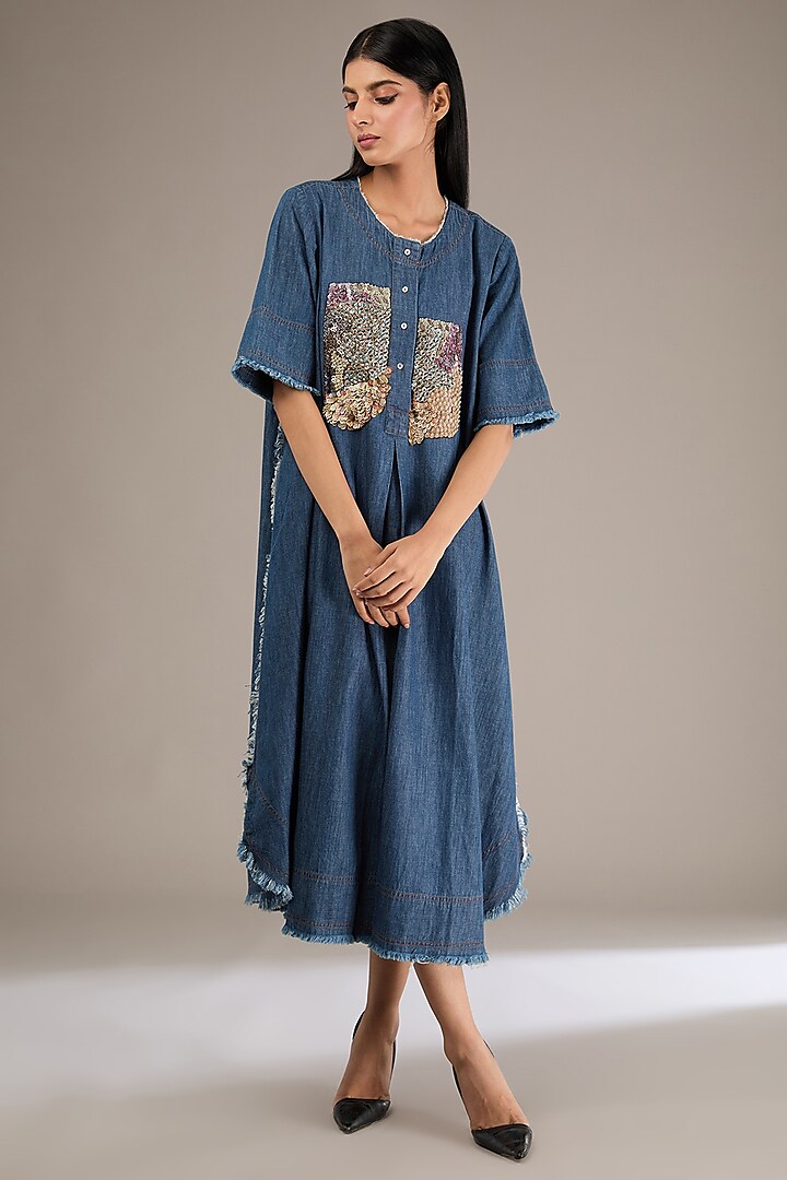 Blue Denim Embroidered Flared Dress by GRAINE at Pernia's Pop Up Shop