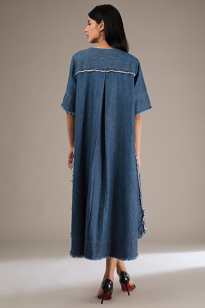 Blue Denim Embroidered Flared Vacation Dress by GRAINE at Pernia's Pop Up Shop