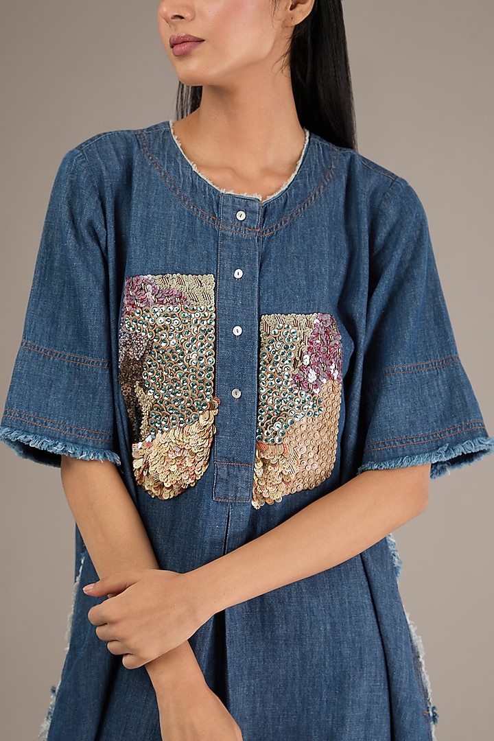 Blue Denim Embroidered Flared Vacation Dress by GRAINE at Pernia's Pop Up Shop