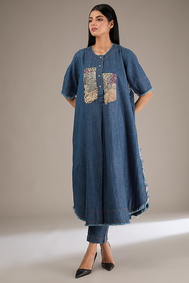 Blue Denim Embroidered Tunic Set by GRAINE at Pernia's Pop Up Shop