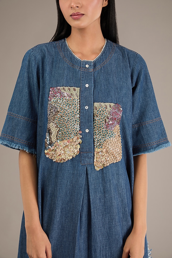 Blue Denim Embroidered Tunic Set by GRAINE at Pernia's Pop Up Shop