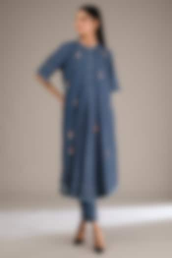 Blue Denim Hand Embroidered Tunic Set by GRAINE at Pernia's Pop Up Shop