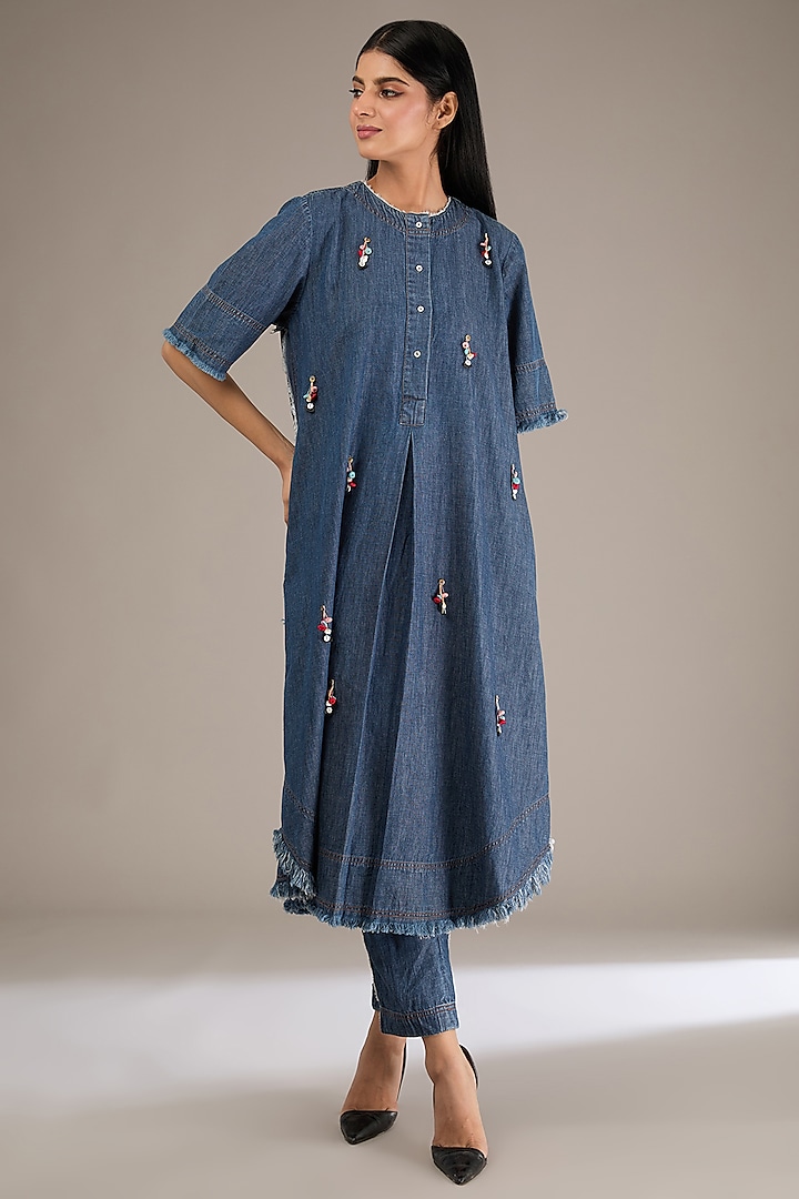 Blue Denim Hand Embroidered Tunic Set by GRAINE at Pernia's Pop Up Shop