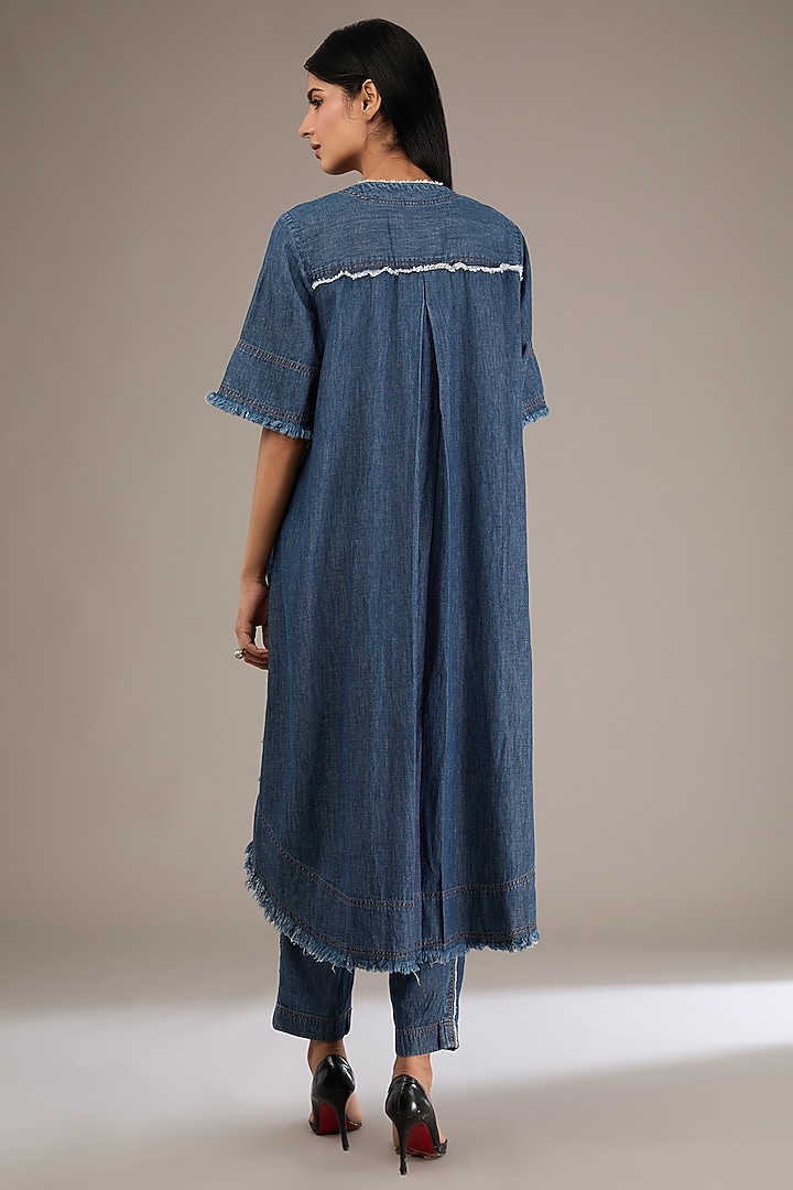 Blue Denim Hand Embroidered Tunic Set by GRAINE at Pernia's Pop Up Shop