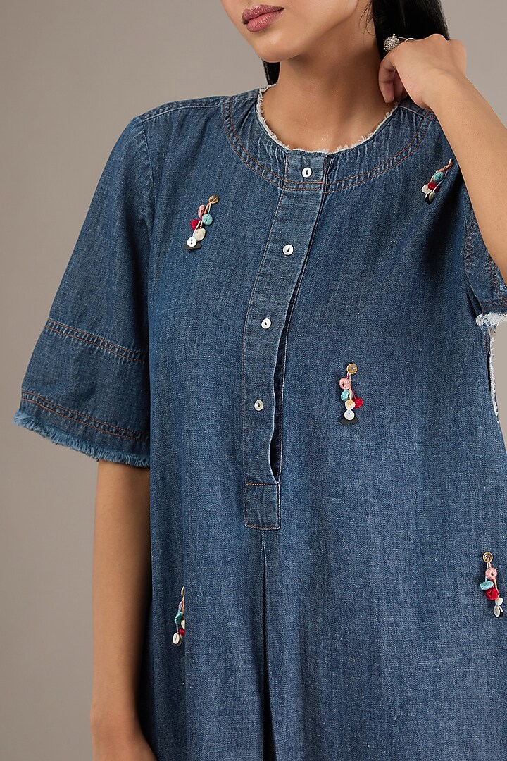 Blue Denim Hand Embroidered Tunic Set by GRAINE at Pernia's Pop Up Shop