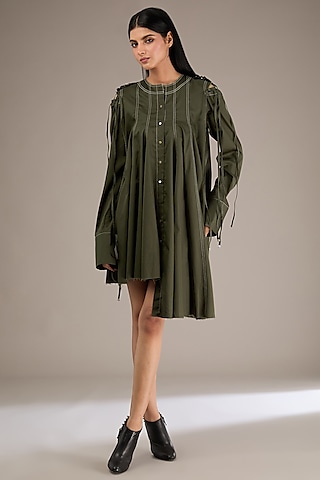 Forest Green Giza Cotton Flared Dress by GRAINE
