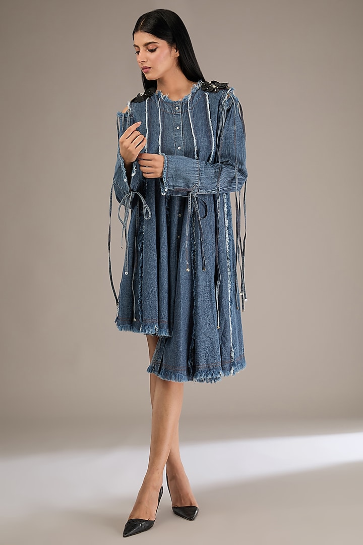 Blue Denim Asymmetrical Flared Dress by GRAINE at Pernia's Pop Up Shop