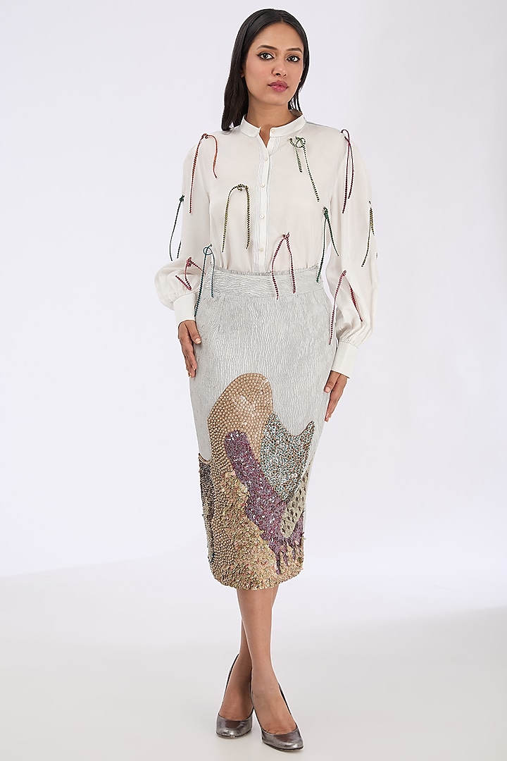 Silver Coin Fabric Landscape Hand Embroidered Pencil Skirt by GRAINE at Pernia's Pop Up Shop