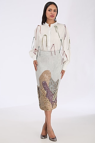 Silver Coin Fabric Landscape Hand Embroidered Pencil Skirt by GRAINE