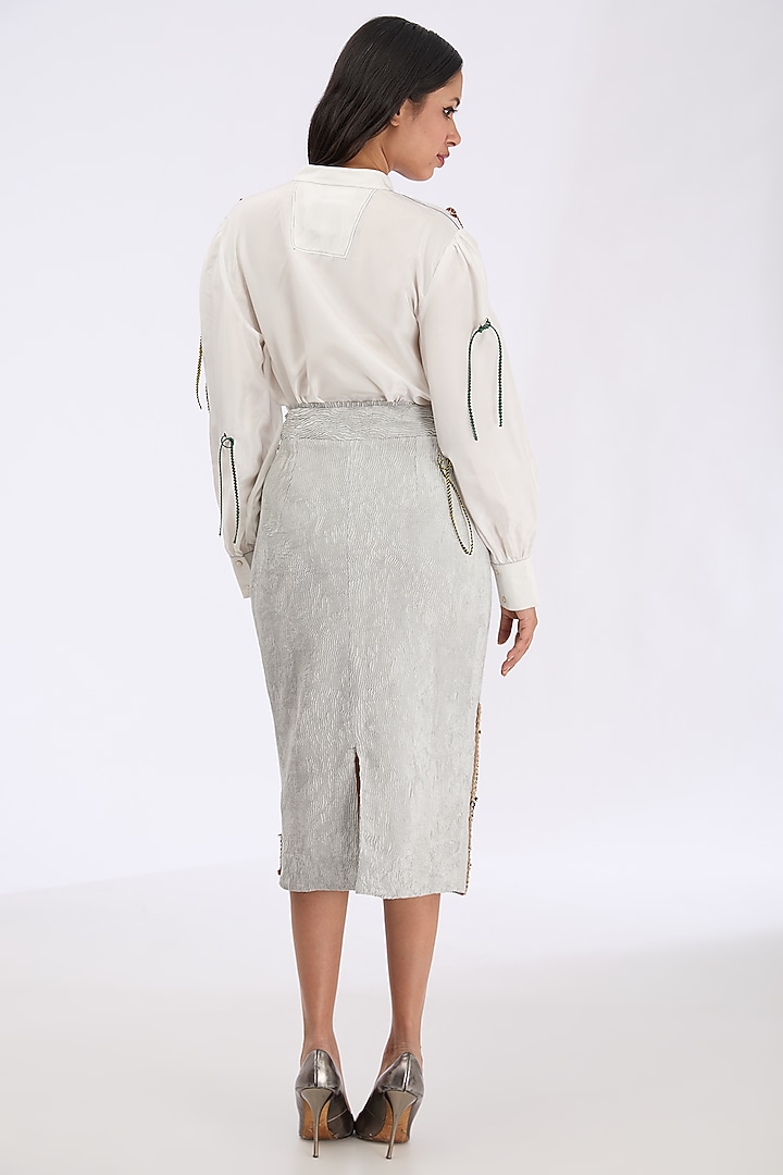 Silver Coin Fabric Landscape Hand Embroidered Pencil Skirt by GRAINE at Pernia's Pop Up Shop