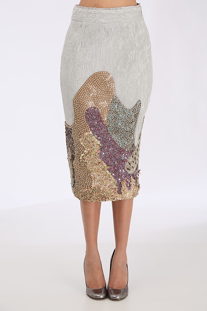 Silver Coin Fabric Landscape Hand Embroidered Pencil Skirt by GRAINE at Pernia's Pop Up Shop