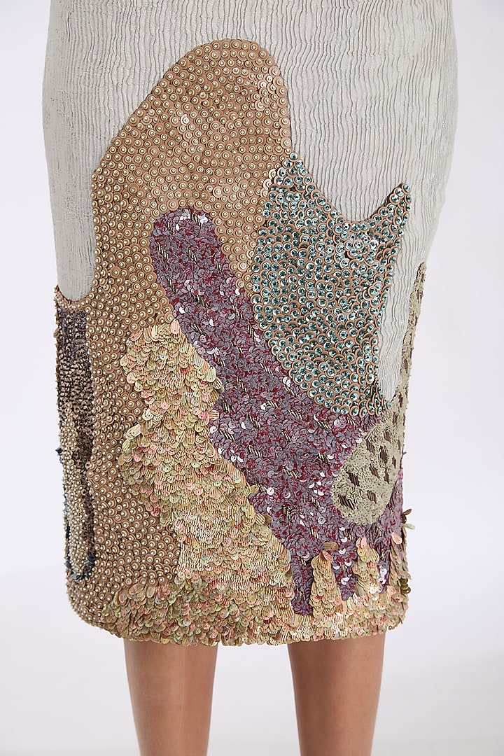 Silver Coin Fabric Landscape Hand Embroidered Pencil Skirt by GRAINE at Pernia's Pop Up Shop