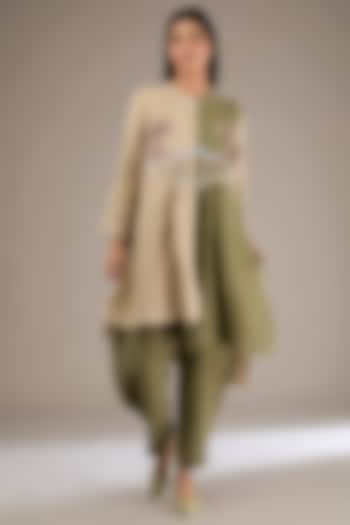 Olive & Beige Linen Thread Work Flared Tunic Set by GRAINE at Pernia's Pop Up Shop