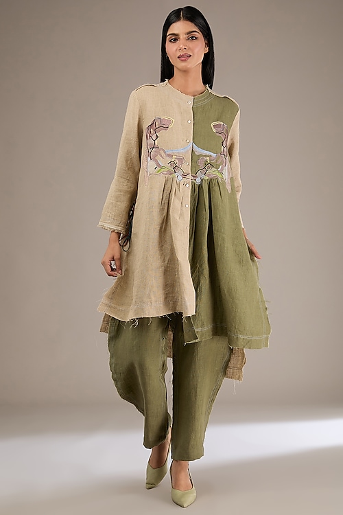 Olive & Beige Linen Thread Work Flared Tunic Set by GRAINE
