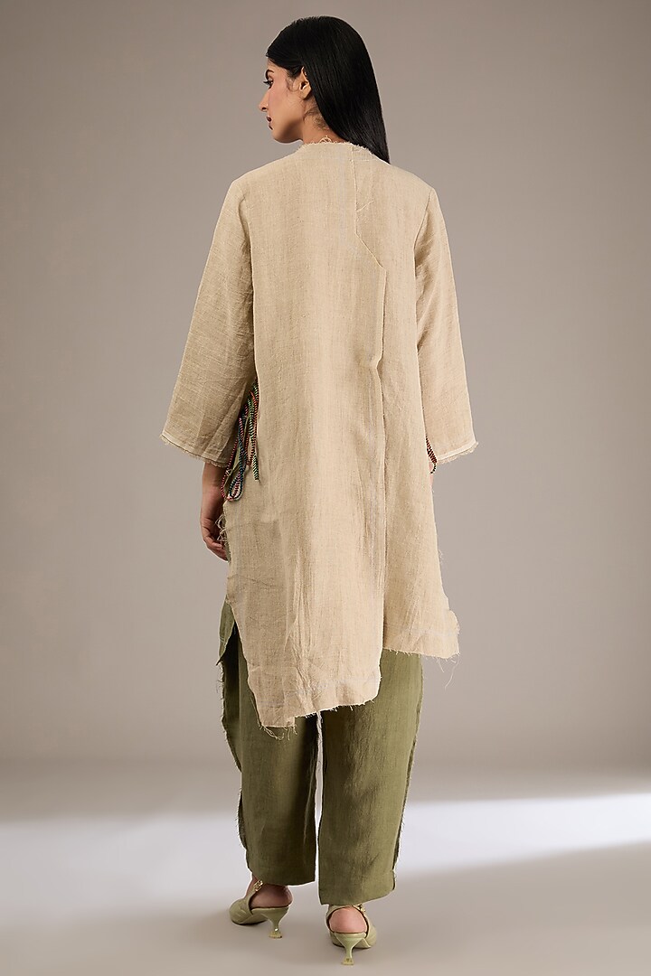 Olive & Beige Linen Thread Work Flared Tunic Set by GRAINE at Pernia's Pop Up Shop