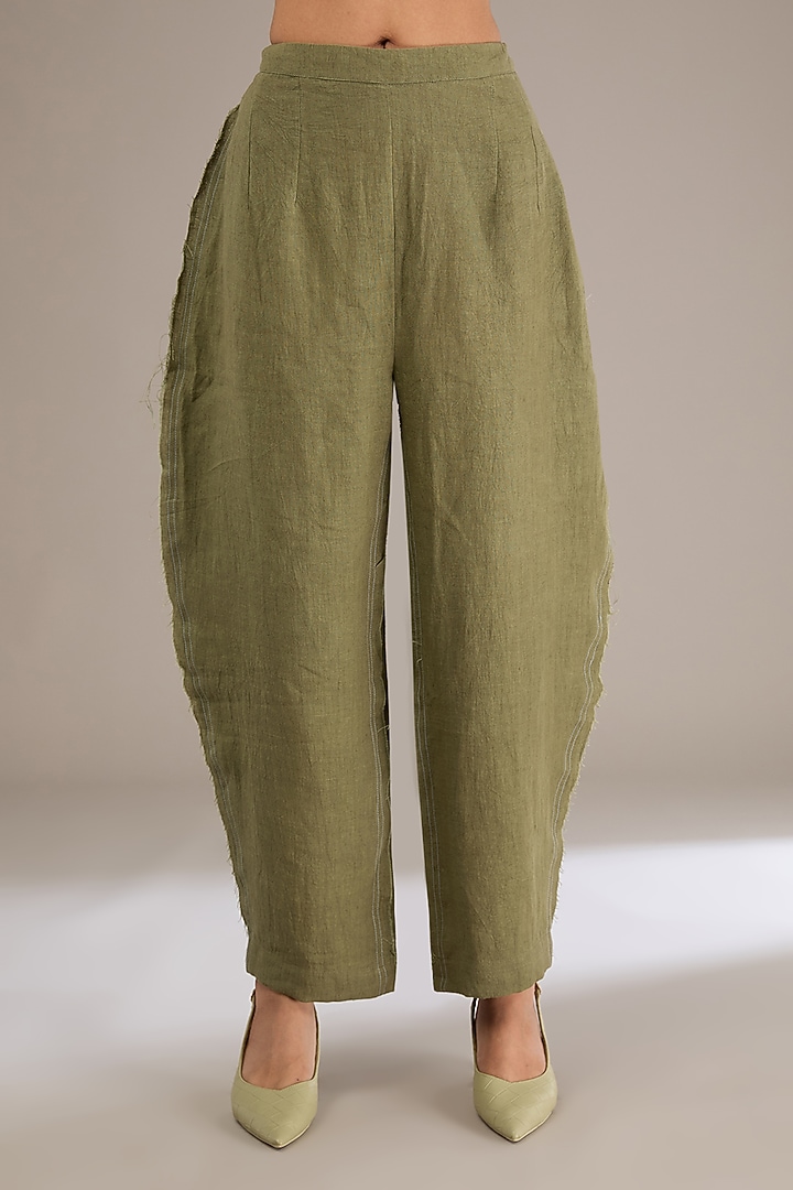 Olive & Beige Linen Thread Work Flared Tunic Set by GRAINE at Pernia's Pop Up Shop