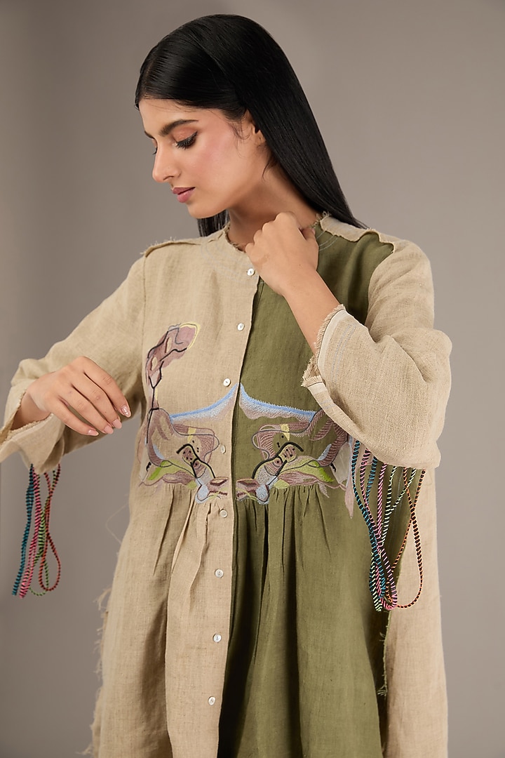 Olive & Beige Linen Thread Work Flared Tunic Set by GRAINE at Pernia's Pop Up Shop