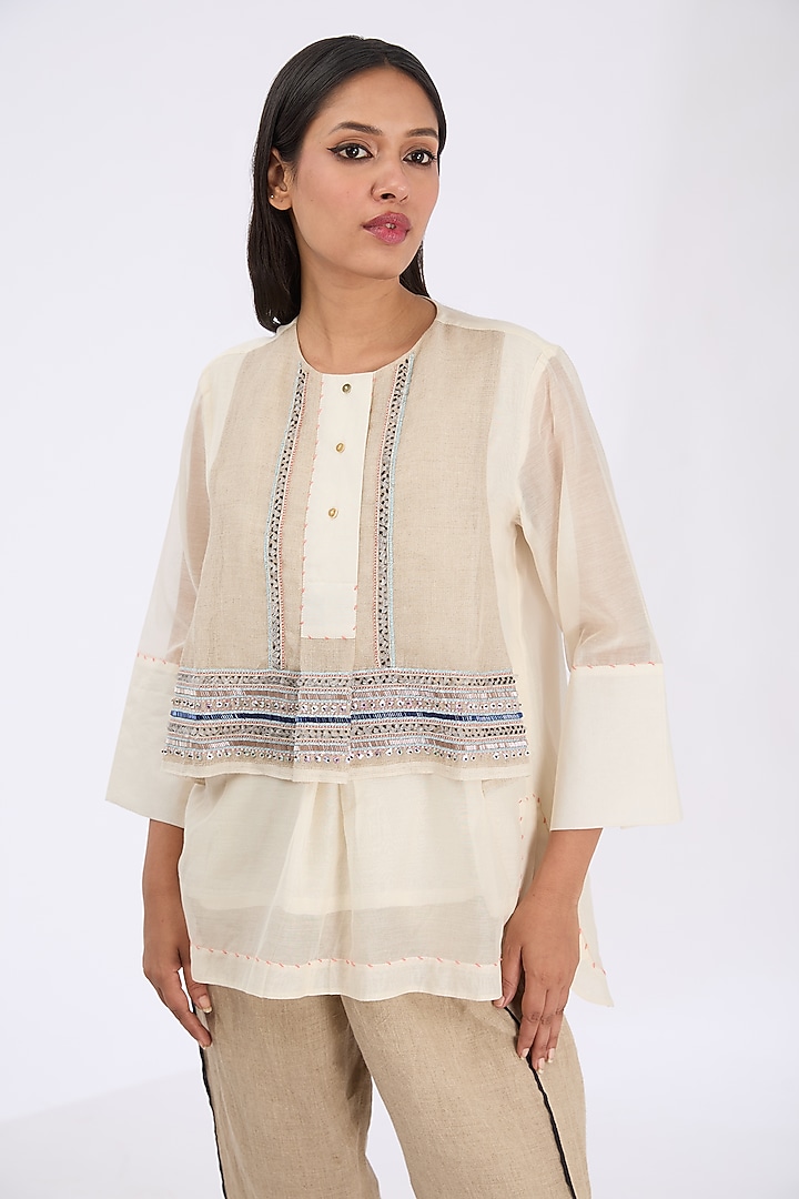 White Silk Chanderi Zardosi Embroidered Shirt by GRAINE at Pernia's Pop Up Shop