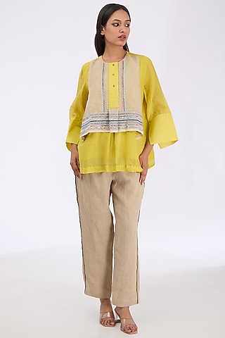 Lime Silk Chanderi Zardosi Embroidered Shirt by GRAINE