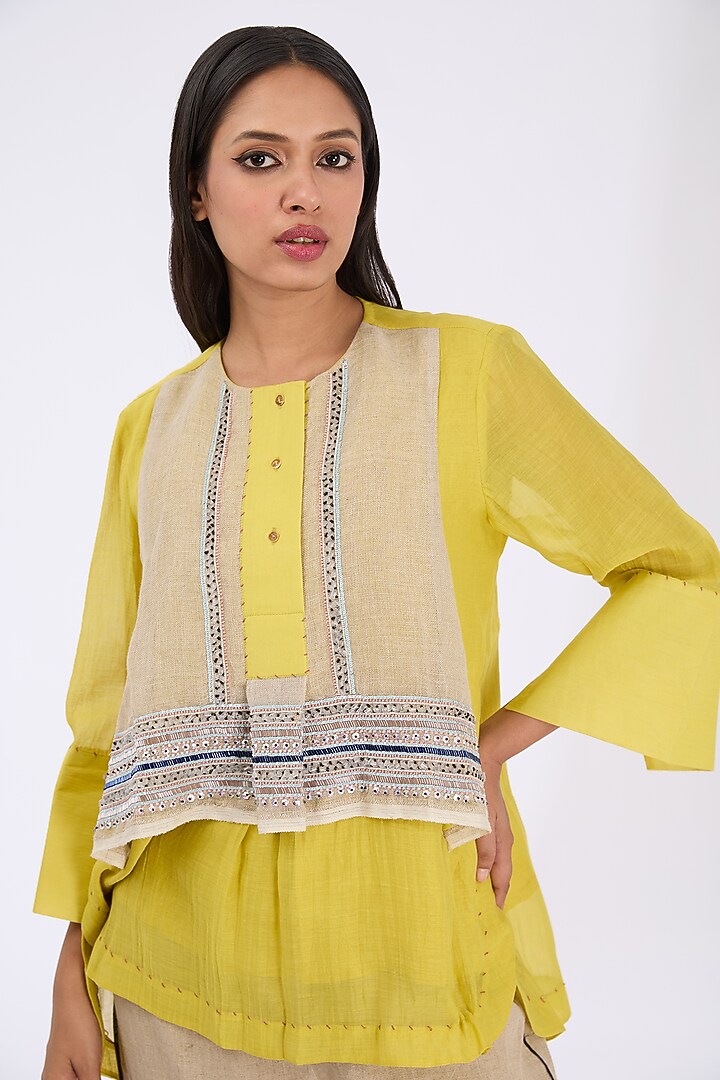 Lime Silk Chanderi Zardosi Embroidered Shirt by GRAINE at Pernia's Pop Up Shop