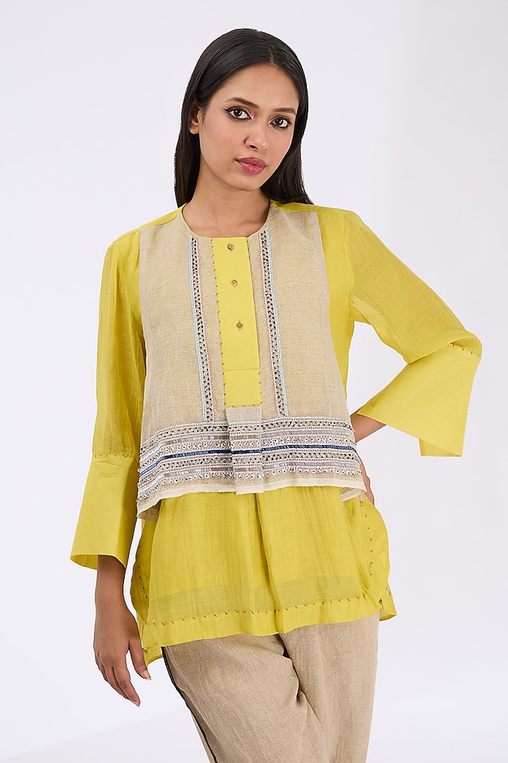 Lime Silk Chanderi Zardosi Embroidered Shirt by GRAINE at Pernia's Pop Up Shop
